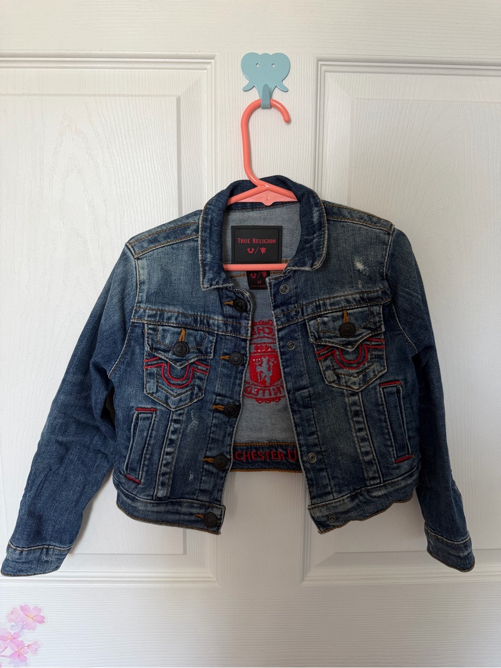 True Religion Girls Blue Denim Jacket with Manchester Red Accent Stitching 3T